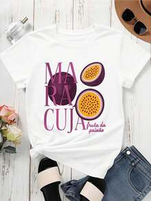 Women's Casual T-Shirt, Round Neck, Passion Fruit Print, Short Sleeve, Casual Summer Top For Everyday Wear And Outings, 100% Cotton, Durable - 白色 - 查看 2