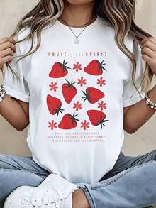 FashionNEWFruit Of The Spirit White Casual Short Sleeve T-Shirt With Strawberry And Flower Print And Inspirational Text - Unisex Vintage Urban Style Loose Cotton Crew Neck - 白色 - 查看 7