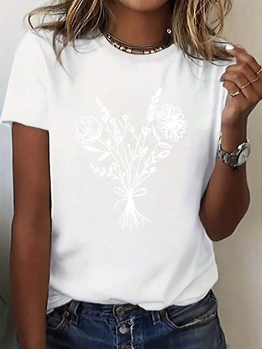 Comfortable Lightweight T-Shirts With Graphic Prints DIY Women's Fashion, Tops, T-Shirts, Shirts 100% Cotton, Popular Choice Loose Versatile Short Sleeve T-Shirt For Women - 白色的 - 查看 1