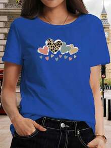 Comfortable Women's T-Shirt With Heart Letter Print - Leopard Print Heart Design, Short Sleeve, Bright Colors, Round Neck, Casual Style, Suitable For Summer And Spring, Loose And Stylish For Work, Vacation, And Everyday Wear. QIEB Women's Versatile Loose Short Sleeve T-Shirt - 藍色的 - 查看 9