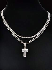 Bộ 2 món: 1 mặt dây chuyền chữ cái đính đá Cubic Zirconia & 2 dây chuyền thép không gỉ, 26 chữ cái tiếng Anh, Dây chuyền mặt dây chuyền phong cách hip hop cổ điển dành cho nữ, Thích hợp đeo hàng ngày hoặc dự tiệc, Quà tặng ngày Valentine - Bạc - Xem 28