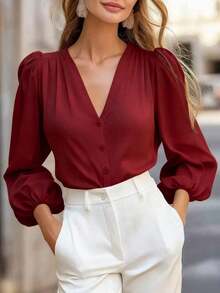 Blusa de manga larga de moda para mujer, diseño de cuello en V de unicolor, esencial para el trayecto en primavera, color negro - Burdeos - Ver 7
