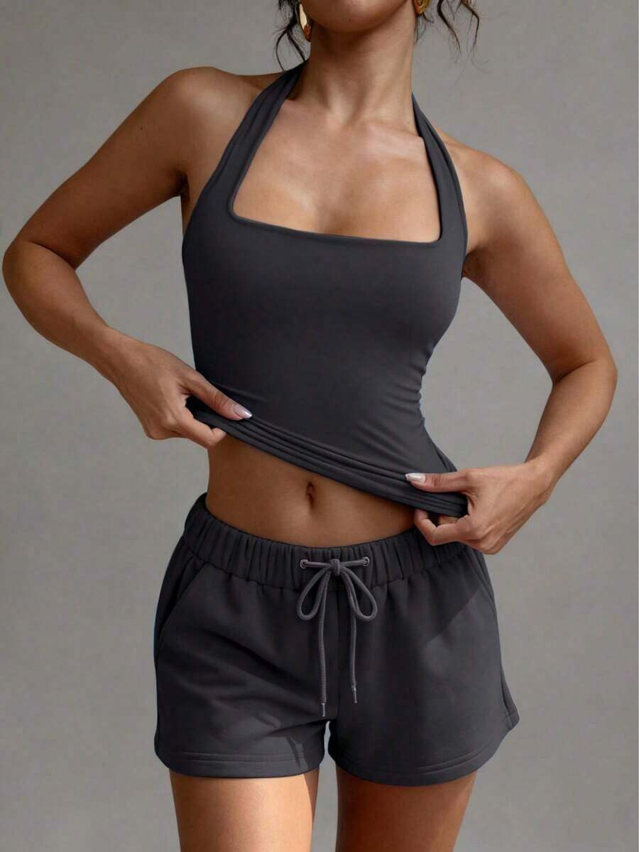 Camiseta sin espalda sexy, top de verano con cuello cuadrado elástico, ajuste casual y elegante para mujeres, color blanco - Gris Oscuro - Ver 1