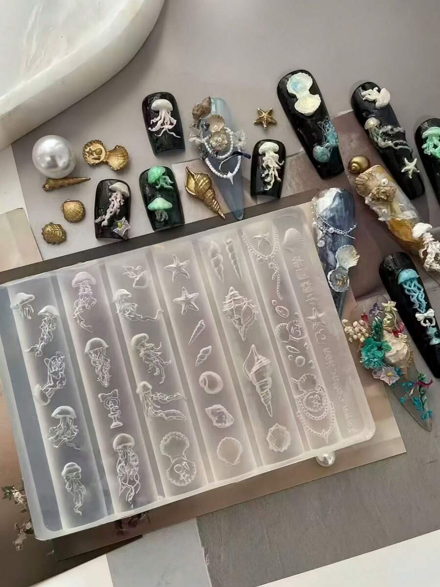 1pc Deep Sea Element Mold, Includes Seashell, Fish Tail, Dolphin, Starfish, Coral, Jellyfish 3D Nail Art Decorations, Essential Tool For Nail Technicians, Transparent Silicone Mold - Clear - View 1