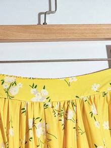 Falda acampanada con estampado floral pequeño en amarillo, falda elegante de vacaciones para mujeres - Amarillo - Ver 5