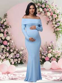 JustVH Maternity Sexy Fitted Long Sleeve Backless Twist Dress, Elegant Party Evening Gown For Maternity Photography - Baby Blue - View 8
