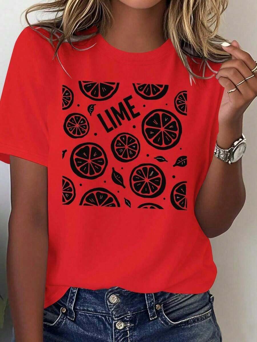Women's Lightweight T-Shirt In Pure White With A Lime Slice And Lime Leaf Print - White With Green Lime Slices And The Word LIME, Casual Short-Sleeved Crew Neck Top For Summer, Breathable Casual Wear, Mexican Style Clothing, Machine Washable, 100% Cotton, A Popular Choice. Women's Blouses Shirt - 紅色的 - 查看 1