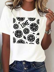 Women's Lightweight T-Shirt In Pure White With A Lime Slice And Lime Leaf Print - White With Green Lime Slices And The Word LIME, Casual Short-Sleeved Crew Neck Top For Summer, Breathable Casual Wear, Mexican Style Clothing, Machine Washable, 100% Cotton, A Popular Choice. Women's Blouses Shirt - 白色的 - 查看 7