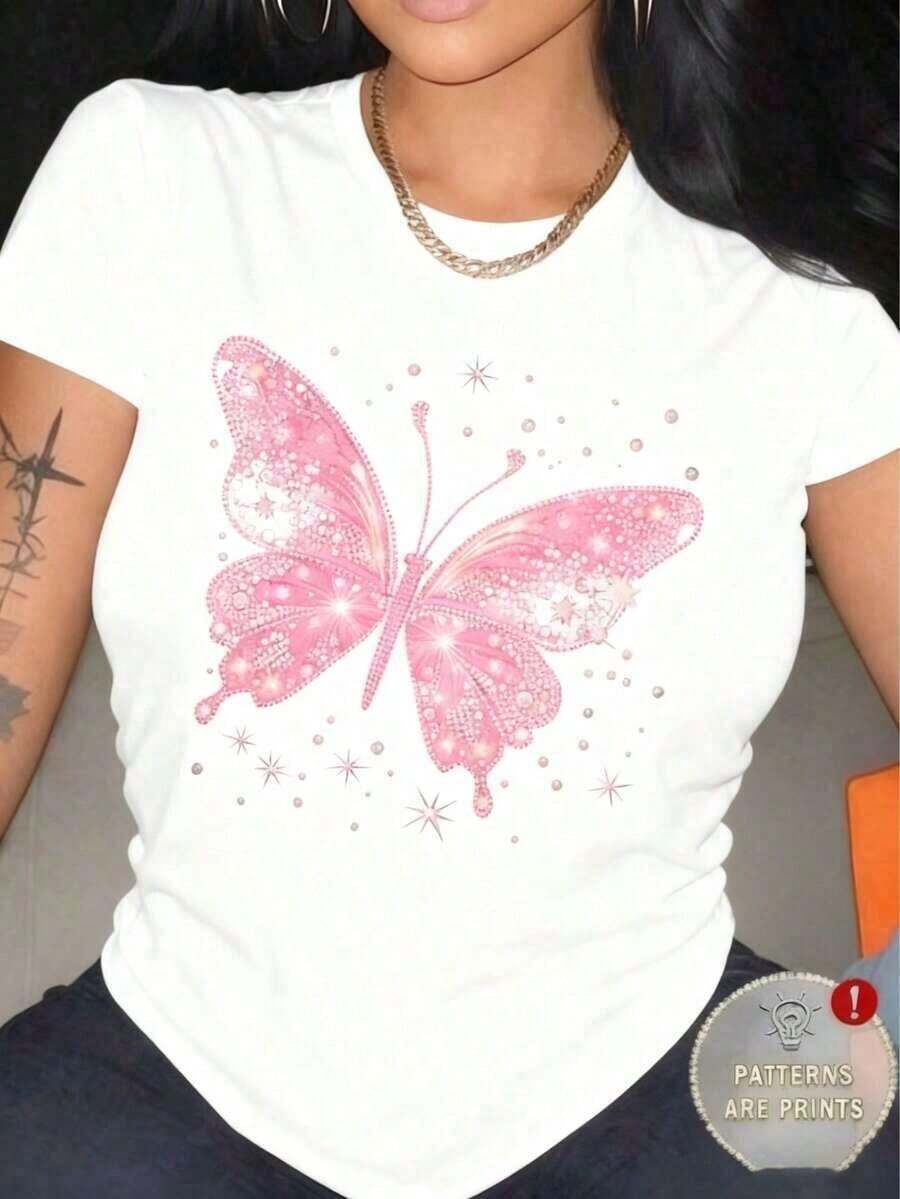 Casual Clothing Basic Short Sleeve T-Shirt For Women Autumn/Winter 2026 - Round Neck, Loose Fit, Stylish And Fashionable Butterfly Print, Soft Fabric With Excellent Drape. Ultra Versatile--Casual Cotton Street Style Cotton Short Tee Blouses For Women>Shirt - 白色 - 查看 1