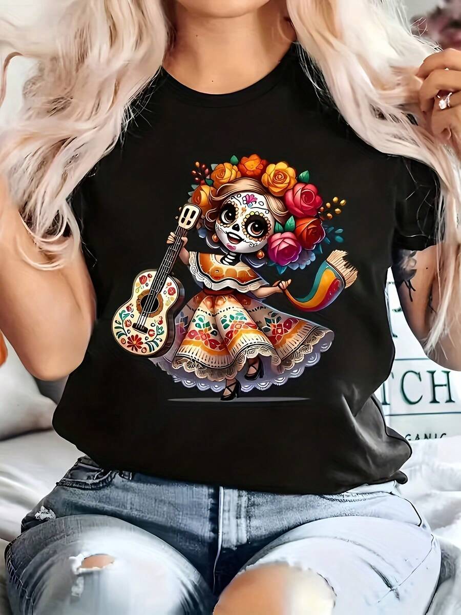 Camiseta de Mujer - Camiseta con Diseño de Calavera de Catrina de Arte Folclórico Mexicano - Presenta un vibrante estampado de Catrina y una banda de Mariachis, top casual de manga corta con cuello redondo suave, adecuada para las celebraciones del Día de Muertos y el uso diario, lavable a máquina con un ajuste cómodo para todas las estaciones, diseño festivo de temática mexicana con coloridos patrones florales y detalles exquisitos, corte holgado adecuado para todas las estaciones. - Negro - Ver 1