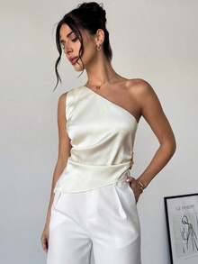 Blusa plisada elegante, romántica y de estilo sexy sin mangas, adecuada para fiestas, vacaciones y uso diario - Albaricoque - Ver 4