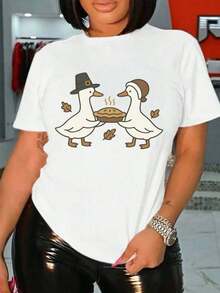 Women's White T-Shirt With Thanksgiving Ducks Holding Pie Print - Casual Autumn Holiday Outfit For Turkey Day CelebrationBlouse,Shirt > Beautiful. - 白色 - 查看 6