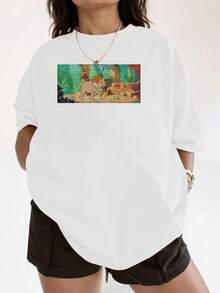 Colorful Image Depicting A Scene Of Friendship And Adventure In The Jungle With A Child And A Cute Animal Radiating Natural Energy And Fun. Comfortable Casual Women's T-Shirt Ideal For Everyday Wear. - 白色 - 查看 1