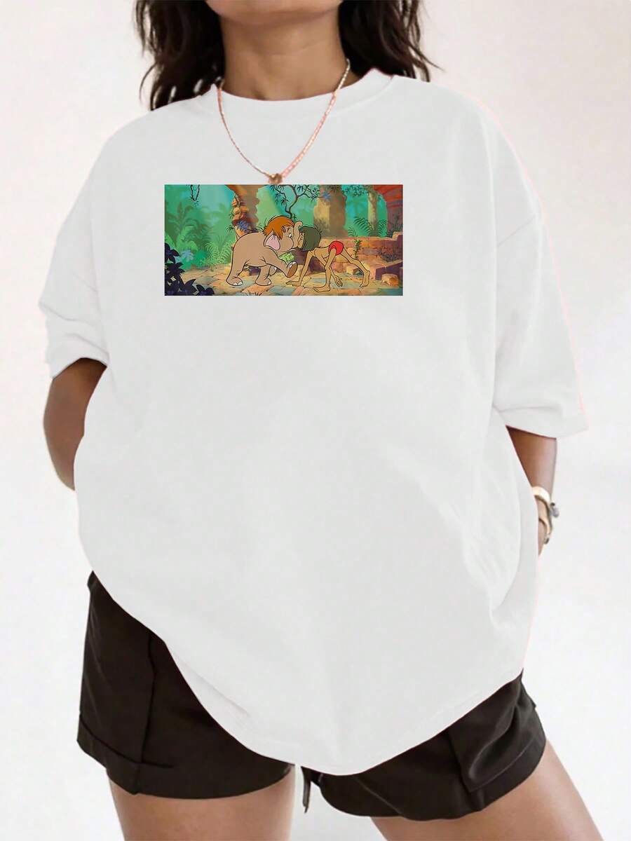 Colorful Image Depicting A Scene Of Friendship And Adventure In The Jungle With A Child And A Cute Animal Radiating Natural Energy And Fun. Comfortable Casual Women's T-Shirt Ideal For Everyday Wear. - 白色 - 查看 1