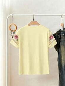 Camiseta de manga corta de uso diario versátil y casual con cuello redondo, bordado floral y decoración de perlas de imitación para mujeres - Amarillo - Ver 2