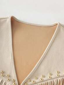 Chaqueta casual de mujer con flecos de gamuza, decoración de remaches, estilo bohemio, versátil para uso diario, vacaciones, trabajo, estilo francés elegante, sin mangas, beige, para principios de primavera/primavera y verano - Albaricoque - Ver 7