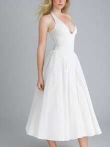 Elegant Pleated Halter Neck Party Dress For Spring 2026 - 白色 - 查看 4