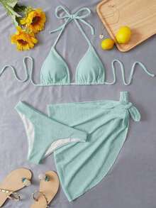 Conjunto de bikini de triángulo halter llano para playa de verano con falda de playa - Verde - Ver 1