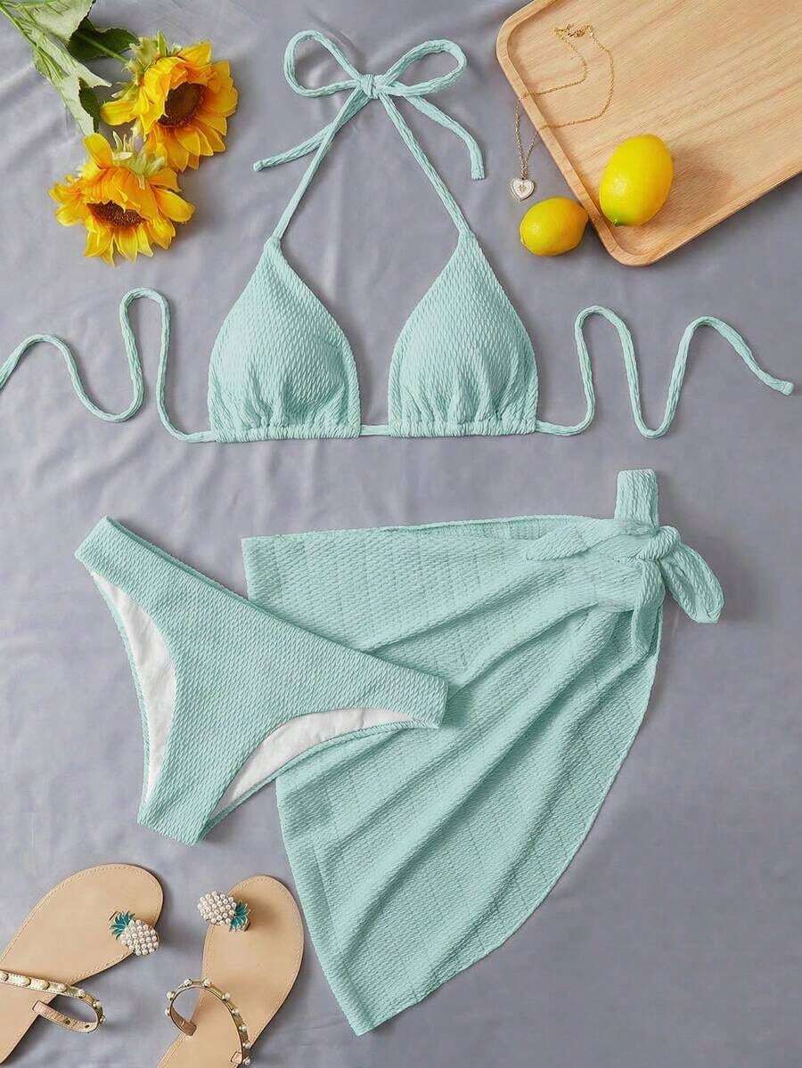 Conjunto de bikini de triángulo halter llano para playa de verano con falda de playa - Verde - Ver 1