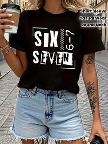 Women's T-Shirts, Women's T-Shirts, Women's T-Shirt With SIX-6 SEVEN Letter Print From The Six And Seven Brand, Casual Round Neck, Spring/Summer Top, Short Sleeve. - 1件白色隨機圖案 - 查看 2