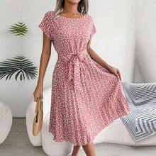Vestido largo plisado de manga corta para mujer, de cintura alta vestido elegante, moda Floral, línea A, primavera y verano - Amarillo - Ver 10