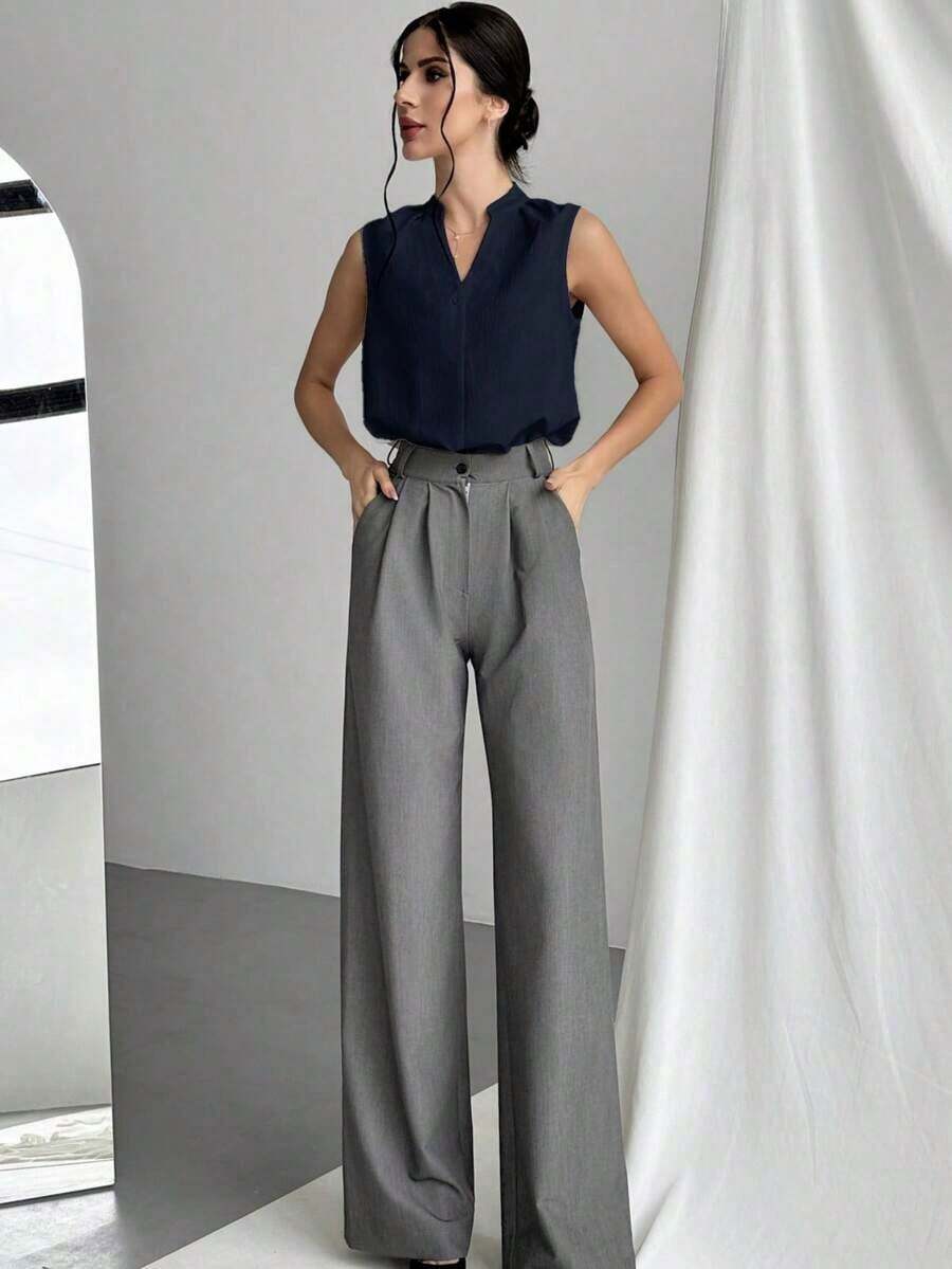 Blusa de cuello en V elegante y chic para oficina con diseño simple y detalles femeninos, blusas sin mangas - Azul marino - Ver 1