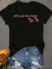 1 pieza de camiseta de mujer "El Mago de Oz" | Camiseta de manga corta con cuello redondo y estampado gráfico para mujer, con diseño de pantuflas rojas rubí de estilo nostálgico, cómoda para todas las estaciones, corte regular, tela ligeramente elástica, temática de San Valentín, San Patricio y Pascua, uso diario casual, conjuntos de verano, camisas, camisas para mujer, playeras, playeras de mujer, vintage, atuendo de Pascua para mujer, camisetas elegantes para el Día de la Madre, 180g Algodón 100%. - Blanco - Ver 6