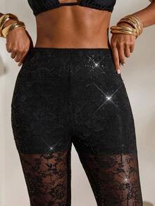 Pantalones elegantes de cintura alta con volantes de encaje para mujer, para citas, salidas nocturnas, para otoño e invierno - Negro - Ver 5