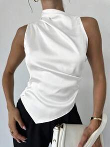 Camisa beige sin mangas con cuello con volantes y bajo curvo, una prenda esencial para la oficina y el tránsito diario para mujeres - Blanco - Ver 2