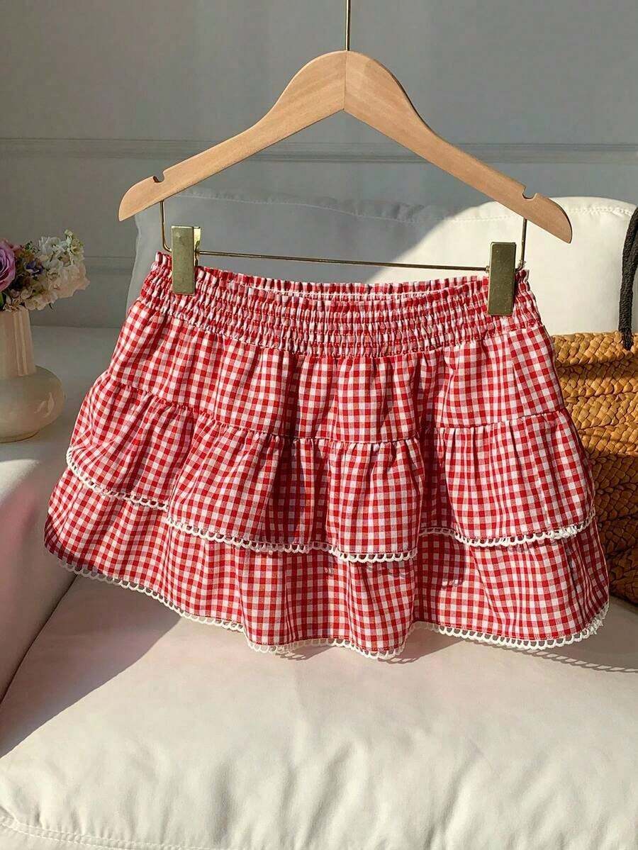 Falda pantalón para mujeres para conciertos campestres, blanca, de tejido, con cintura elástica y volantes en el bajo con silueta evasé - Rojo - Ver 1