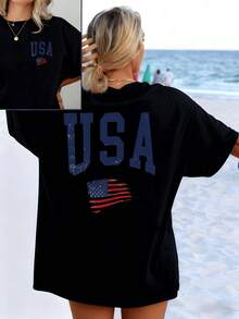 Patriotic Symbols With Large USA Lettering And A Waving Flag Evoking The Free Spirit And National Strength. Comfortable Women's Shirt, Double-Sided Casual Summer T-Shirt. - 黑色 - 查看 1