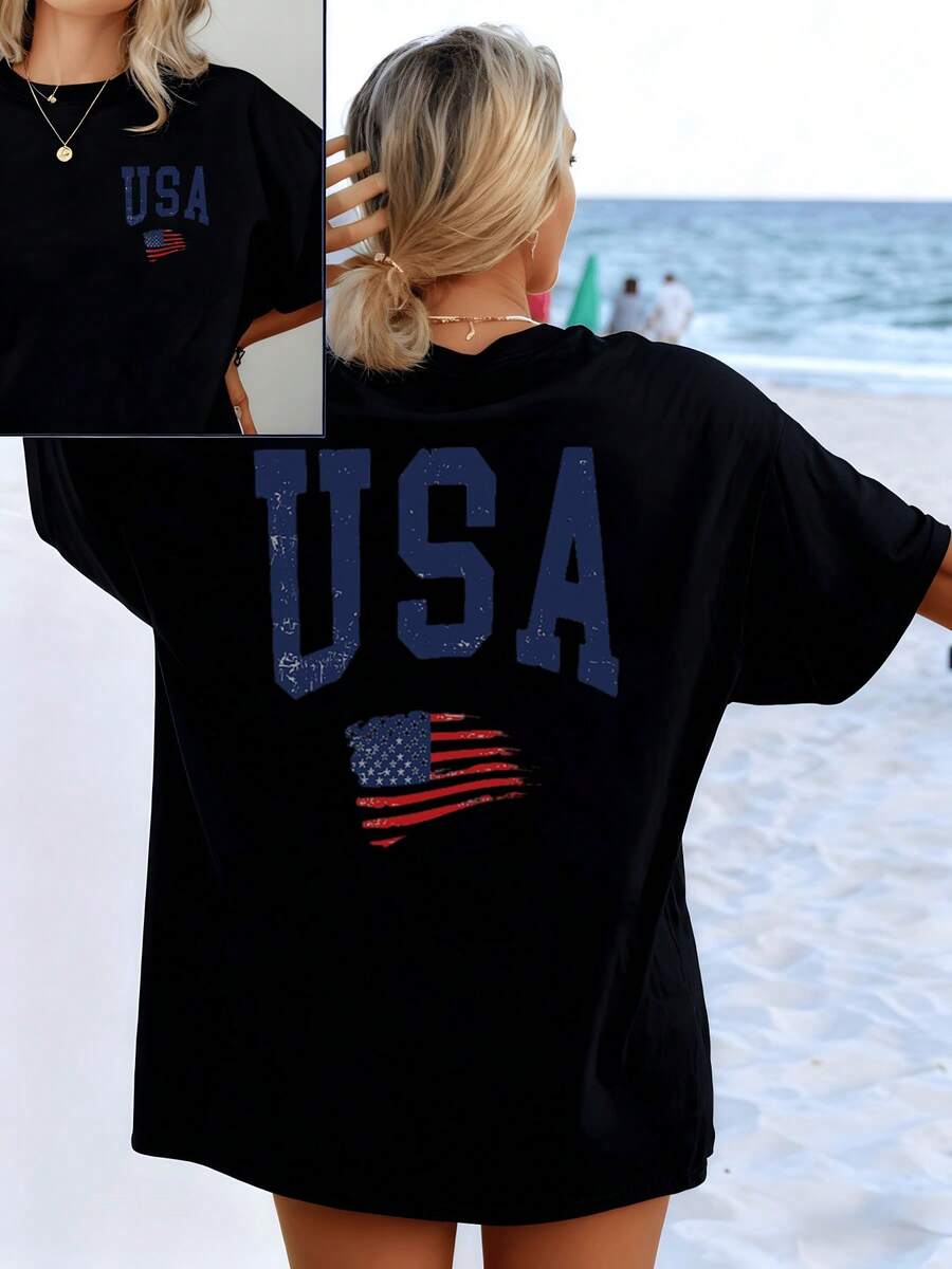 Patriotic Symbols With Large USA Lettering And A Waving Flag Evoking The Free Spirit And National Strength. Comfortable Women's Shirt, Double-Sided Casual Summer T-Shirt. - 黑色 - 查看 1