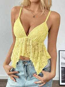 Camiseta de mujer con escote en V sexy y bajo asimétrico de encaje - Amarillo - Ver 6