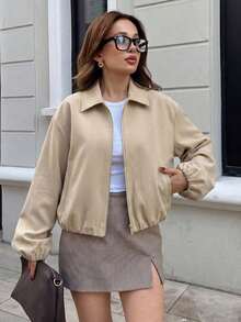 Chaqueta con bolsillo con cremallera de lunares rosas para mujer - Abrigo casual suelto con solapa para primavera/otoño - Caqui - Ver 2