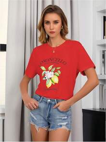 SweatyRocks - Women's Casual Short Sleeve T-Shirt With Letter And Fruit Print - 紅色 - 查看 6
