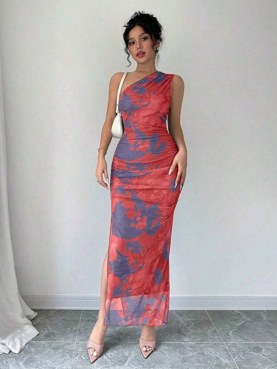 Vestido de noche de lujo para mujer, vestido sexy sin mangas con cuello asimétrico y estampado de teñido anudado - Rosa vieja - Ver 1