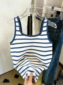 Camiseta de tirantes ajustada con estampado de denim regular, de gran para mujeres - Azul y blanco - Ver 2