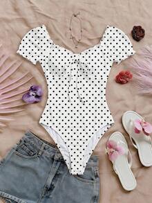 Body con estampado floral de hombros descubiertos ribete fruncido con nudo delantero pecho con fruncido - Blanco - Ver 6