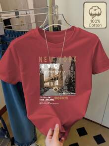 100% Cotton T-Shirt With New York City Landscape And Motivational Text Print, Round Neck, Short Sleeves, Casual Summer Clothing, Comfortable And Breathable For Women - 磚紅色 - 查看 6