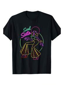 Unisex Crew Neck T-Shirt, Retro 70s Art Style Women's Clothing, African Soul Music T-Shirt, Suitable For Both Men And Women, Perfect For Parties, Concerts And Festivals, A Great Gift For Music Lovers, Same Style For Men And Unisex, Short Sleeve Printed T-Shirt For Summer 2026, Lightweight, Perfect For Daily Wear And As A Gift, Circus T-Shirt, Perfect For Holidays And Playtime, Great For Parties And Family Vacations, Party Outfit, Summer Outfit, Warm Weather Clothing. - 黑色 - 查看 1