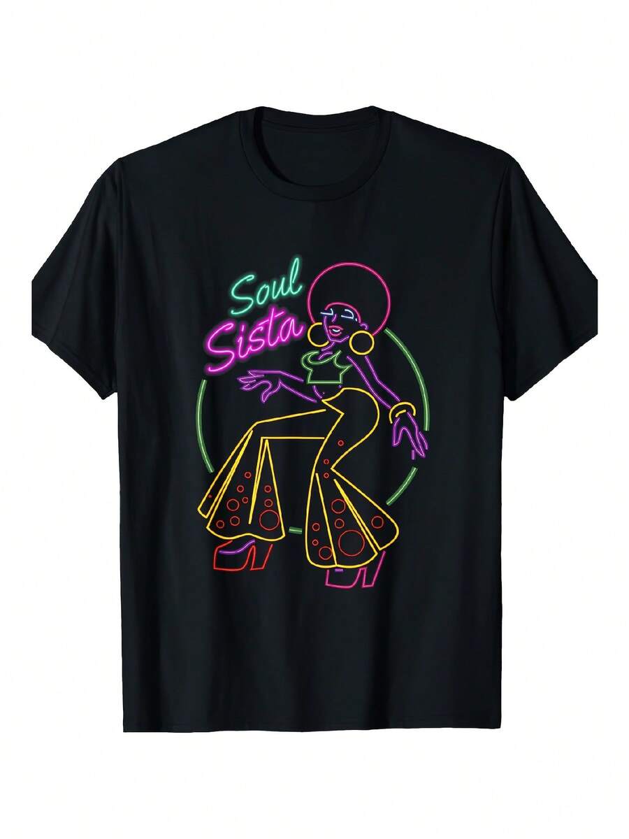 Unisex Crew Neck T-Shirt, Retro 70s Art Style Women's Clothing, African Soul Music T-Shirt, Suitable For Both Men And Women, Perfect For Parties, Concerts And Festivals, A Great Gift For Music Lovers, Same Style For Men And Unisex, Short Sleeve Printed T-Shirt For Summer 2026, Lightweight, Perfect For Daily Wear And As A Gift, Circus T-Shirt, Perfect For Holidays And Playtime, Great For Parties And Family Vacations, Party Outfit, Summer Outfit, Warm Weather Clothing. - 黑色 - 查看 1