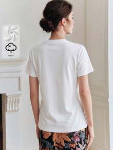1 Piece Of Elegant Women's T-Shirt, 94% Cotton, Minimalist, Casual For Everyday Wear, Short Sleeve, Round Neck, Adorned With Sequin Embroidery, Black Color, 180g, 100% Cotton. - 白色 - 查看 3