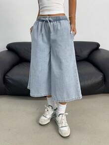 Pantalones vaqueros anchos de cintura con cordón de mezclilla elástica desgastada a la moda Y2K para adolescentes, pantalones cortos bohemios de verano para playa y vacaciones para niñas, conjuntos informales de verano para conciertos y festivales, - Lavado ligero - Ver 3