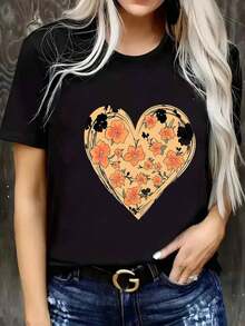 Plus Size Women's Clothing, Casual T-Shirt With Heart And Small Flowers Print For Valentine's Day, Fashionable Short Sleeve Round Neck Sports T-Shirt, Comfortable Top For Women - 黑色 - 查看 2