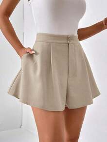 Shorts de pierna ancha unicolor con bolsillo oblicuo - Caqui - Ver 7