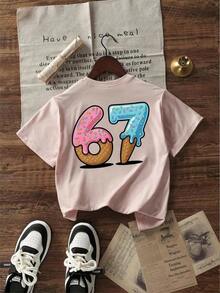 Girls' Loose-Fitting Round Neck T-Shirt, Pink With Donut And Ice Cream Print "67" On The Front And Back, Breathable Casual T-Shirt For Everyday, School And Beach Wear. - 粉色 - 查看 3