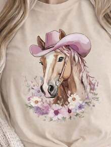Women's Graphic T-Shirt, Short Sleeve, Round Neck, Basic, Comfortable, Cool, Lightweight, Modern, Youthful Print, Horse, Hat, Cowboy, Cowgirl, Western, Flowers, Floral, Watercolor - 貝斯 - 查看 2