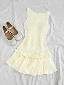 Vestido corto con volantes color albaricoque - Amarillo claro - Ver 6