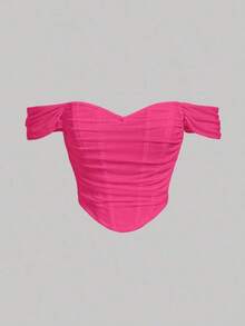 Top crop de hombros descubiertos fruncido bajo asimétrico - Rosa Fucsia - Ver 5