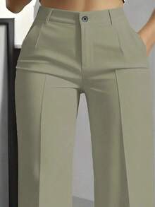 Pantalones rectos de mujer de unicolor con botones y bolsillos con cremallera - Gris Claro - Ver 2